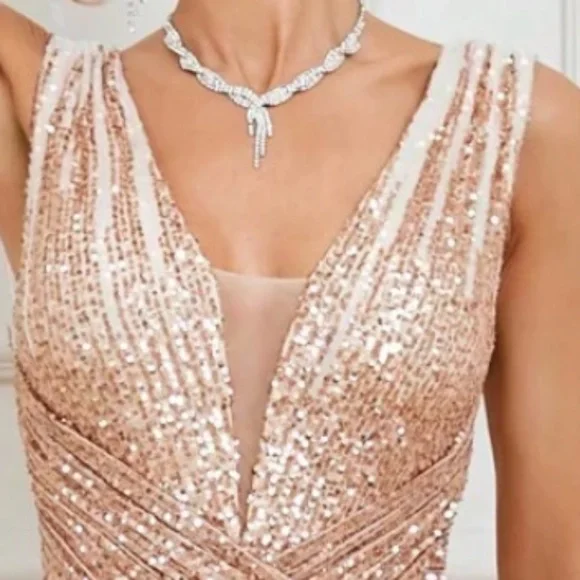 Luxe Sequin High Waisted Mermaid Hem Fitted Prom Formal Wedding Dress - Picture 3 of 3